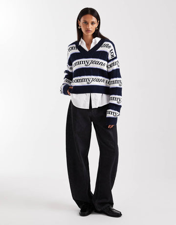 Tommy Jeans stripe logo v neck jumper white blue