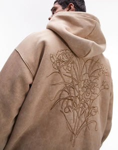Topman oversized hoodie floral embroidery stone