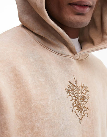 Topman oversized hoodie floral embroidery stone