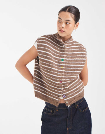 Pieces high neck button detail knitted cardigan brown stripe