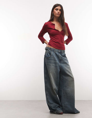 Weekday v-neck three quarter length sleeve top cherry red