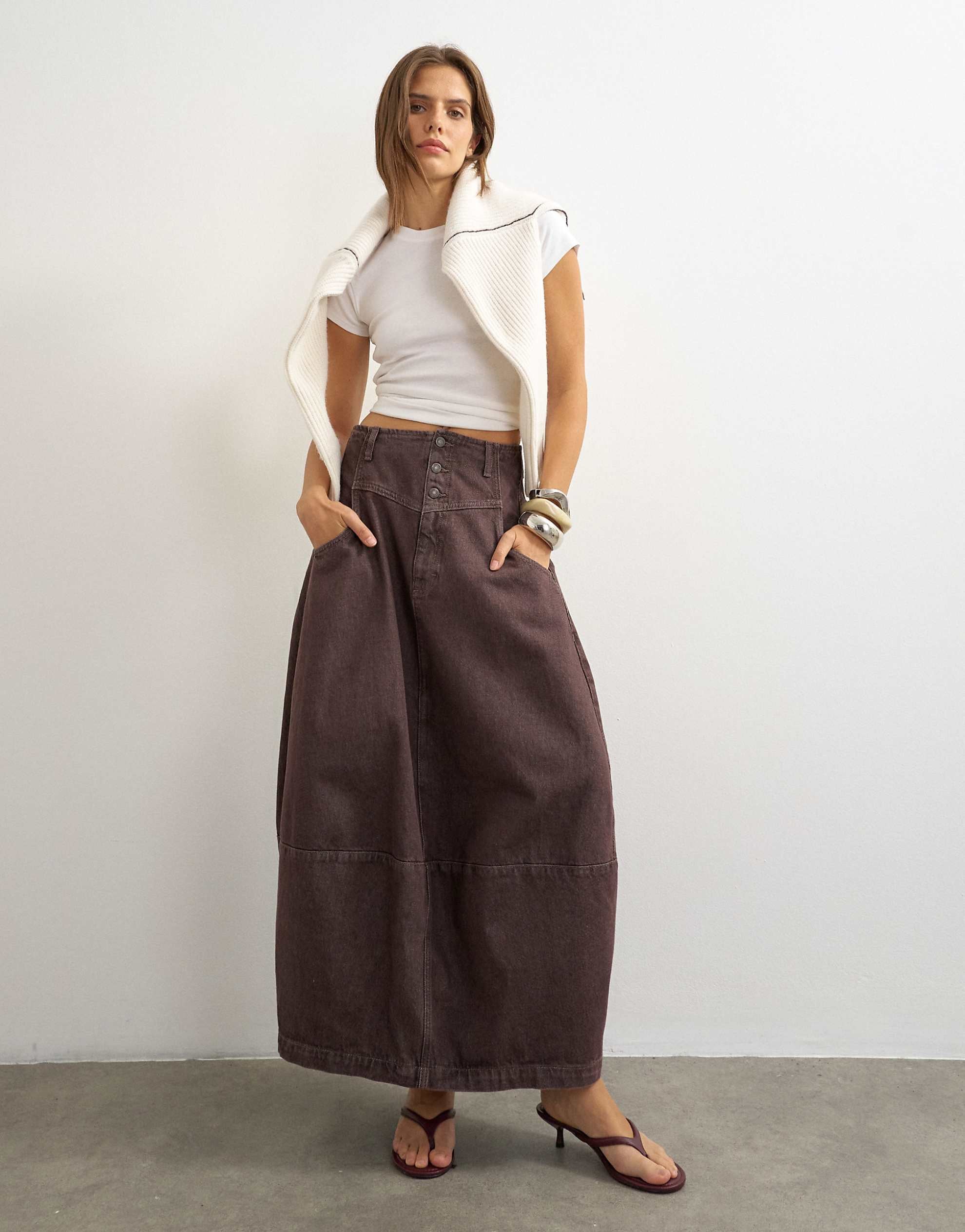 Topshop button front barrel maxi skirt chocolate