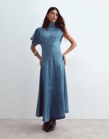 ARRANGE seam detail denim maxi dress mid wash blue