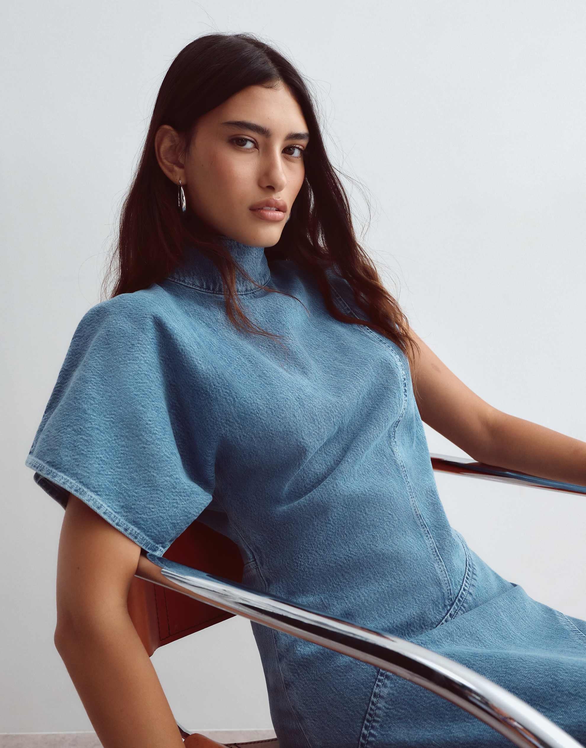 ARRANGE seam detail denim maxi dress mid wash blue
