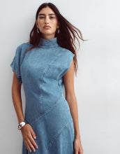 Load image into Gallery viewer, ARRANGE seam detail denim maxi dress mid wash blue