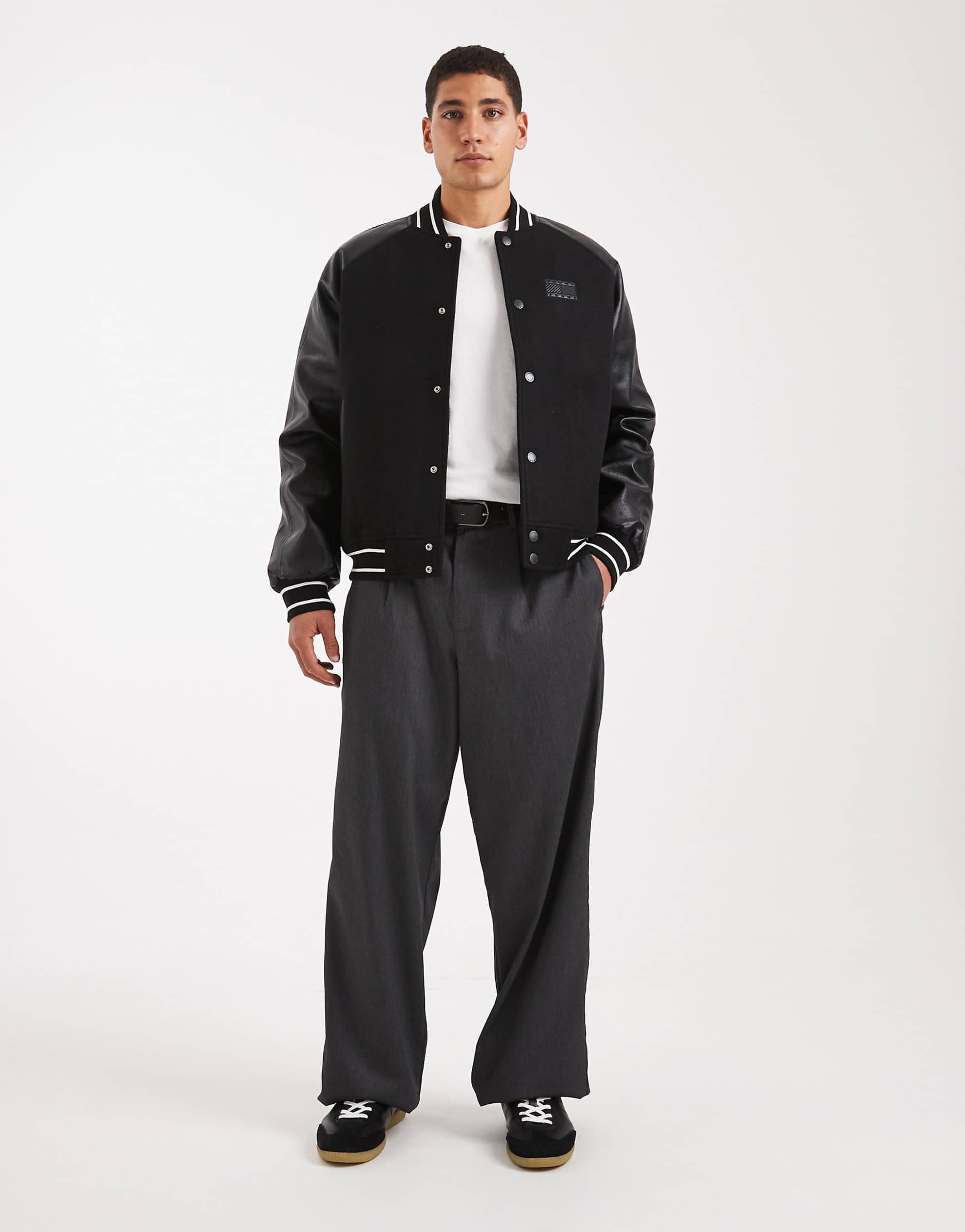 Tommy Jeans flag logo varsity jacket leather sleeve black