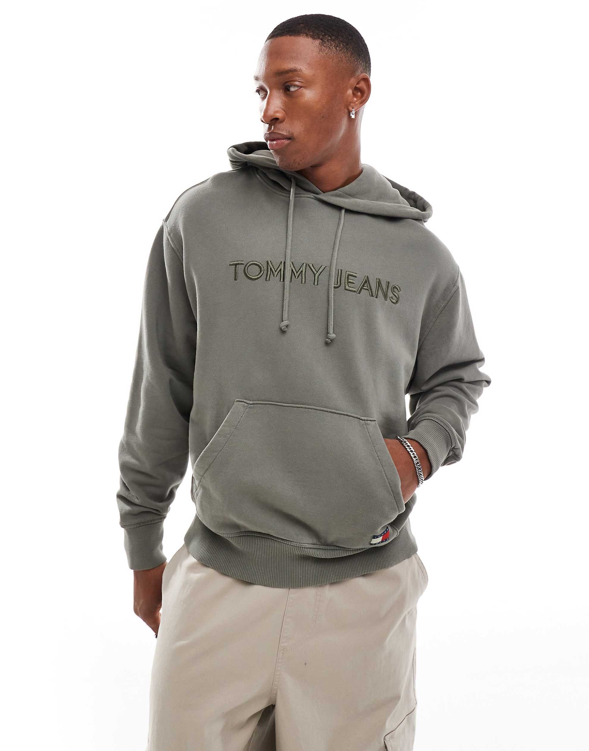 Tommy Jeans tonal linear logo hoodie washed khaki