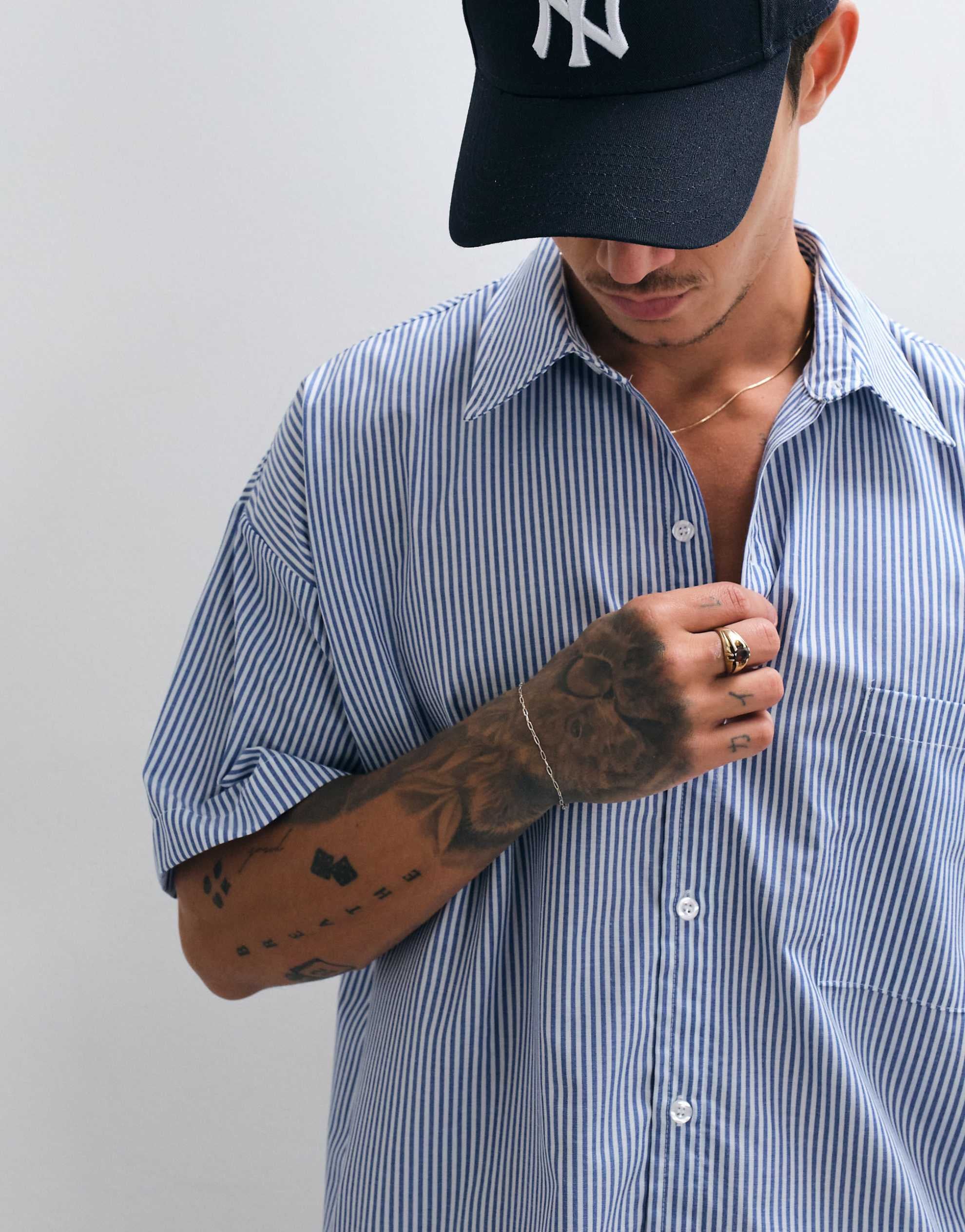 Reclaimed Vintage short sleeve boxy shirt navy stripe