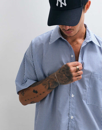 Reclaimed Vintage short sleeve boxy shirt navy stripe