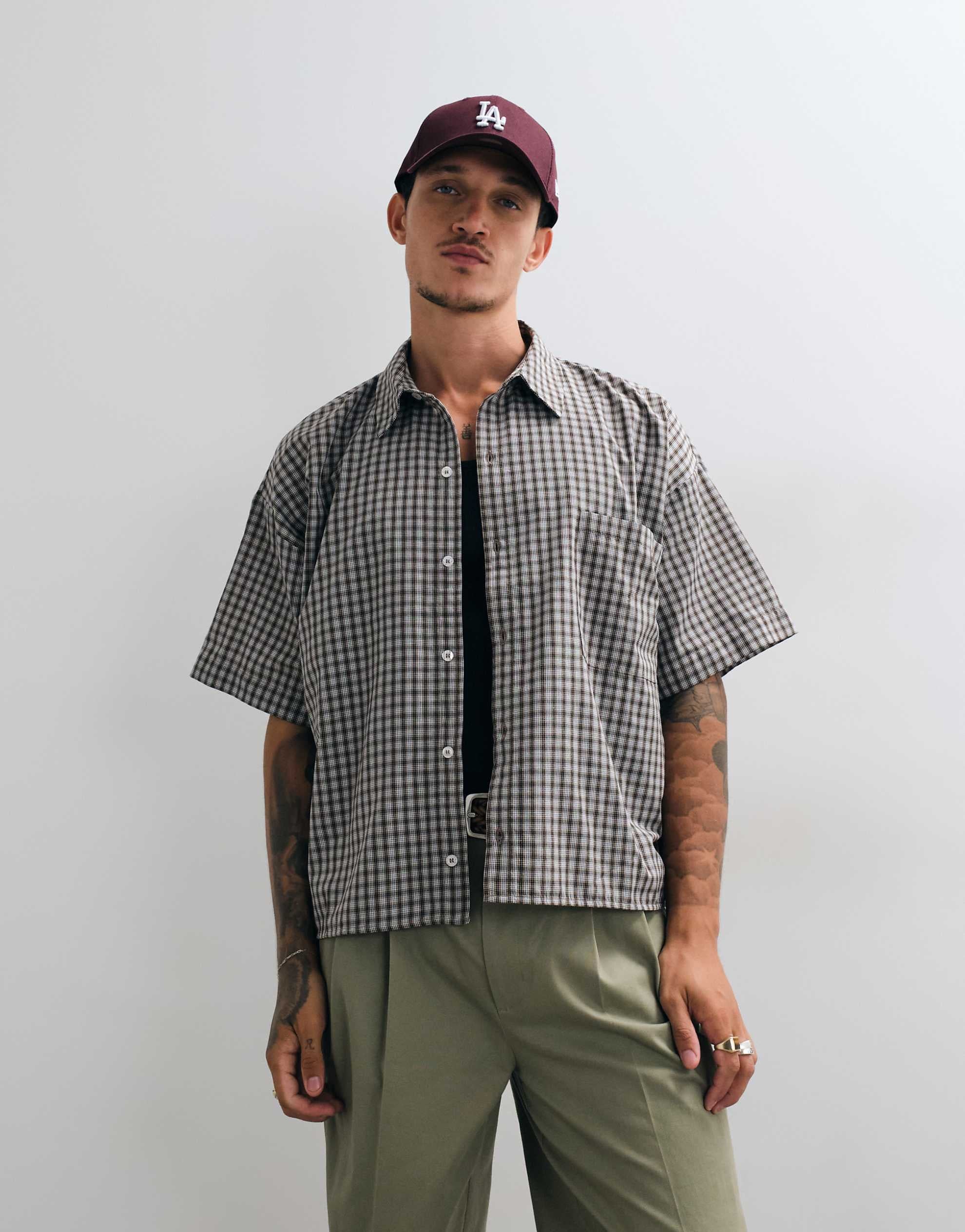 Reclaimed Vintage short sleeve boxy shirt stone check