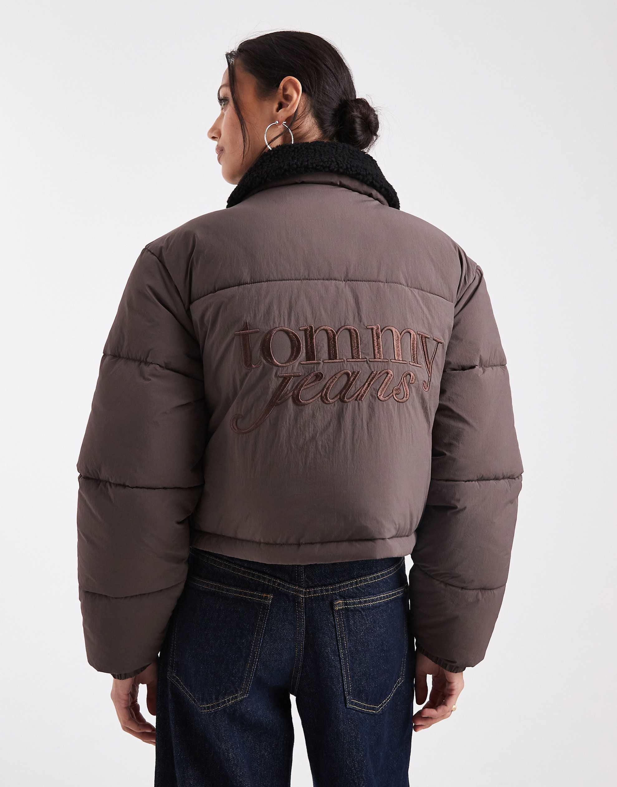 Tommy Jeans teddy collar puffer jacket brown