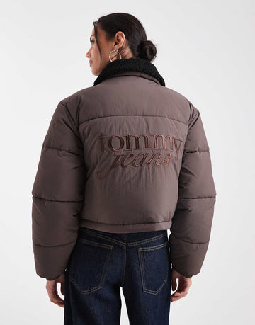 Tommy Jeans teddy collar puffer jacket brown