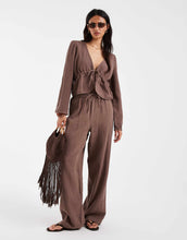 Load image into Gallery viewer, Pieces crinkle cotton tie  top wide leg trouser set chocolate brown