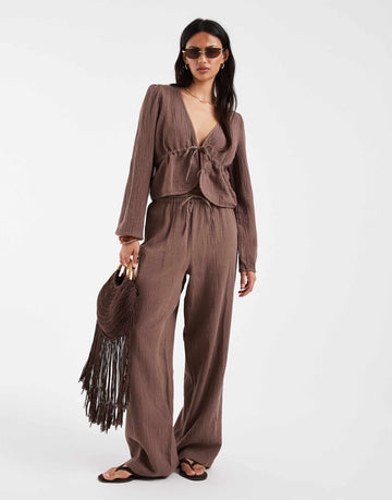Pieces crinkle cotton tie  top wide leg trouser set chocolate brown