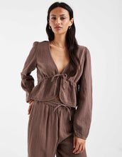 Load image into Gallery viewer, Pieces crinkle cotton tie  top wide leg trouser set chocolate brown