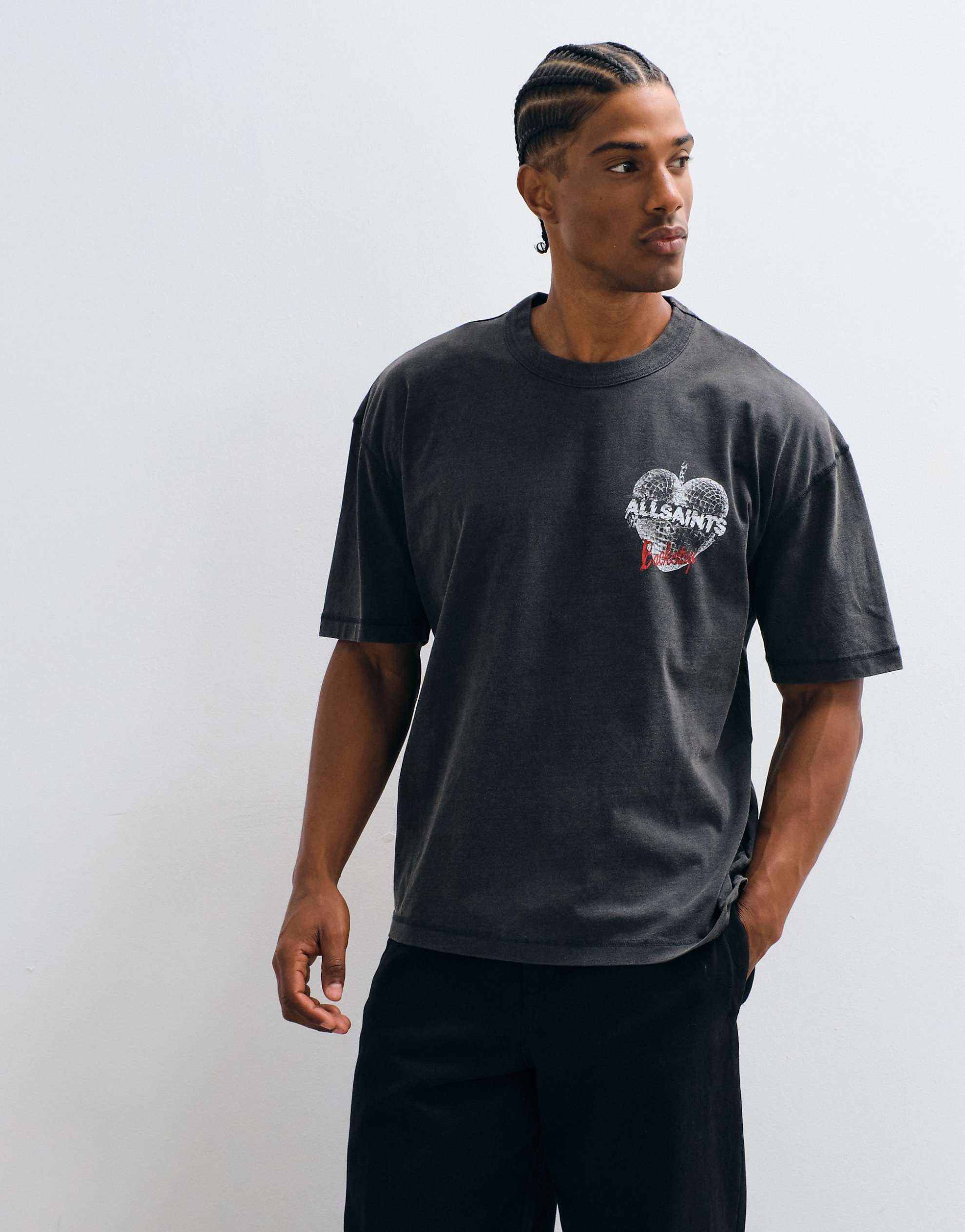 AllSaints Relfect short sleeve graphic t-shirt back print washed black.