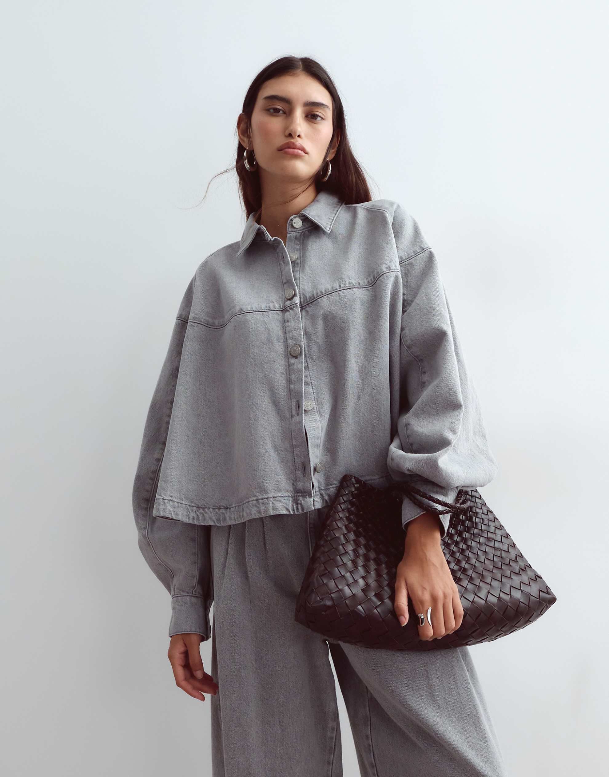 ARRANGE denim oversized shirt wide leg jean co-ord grey wash