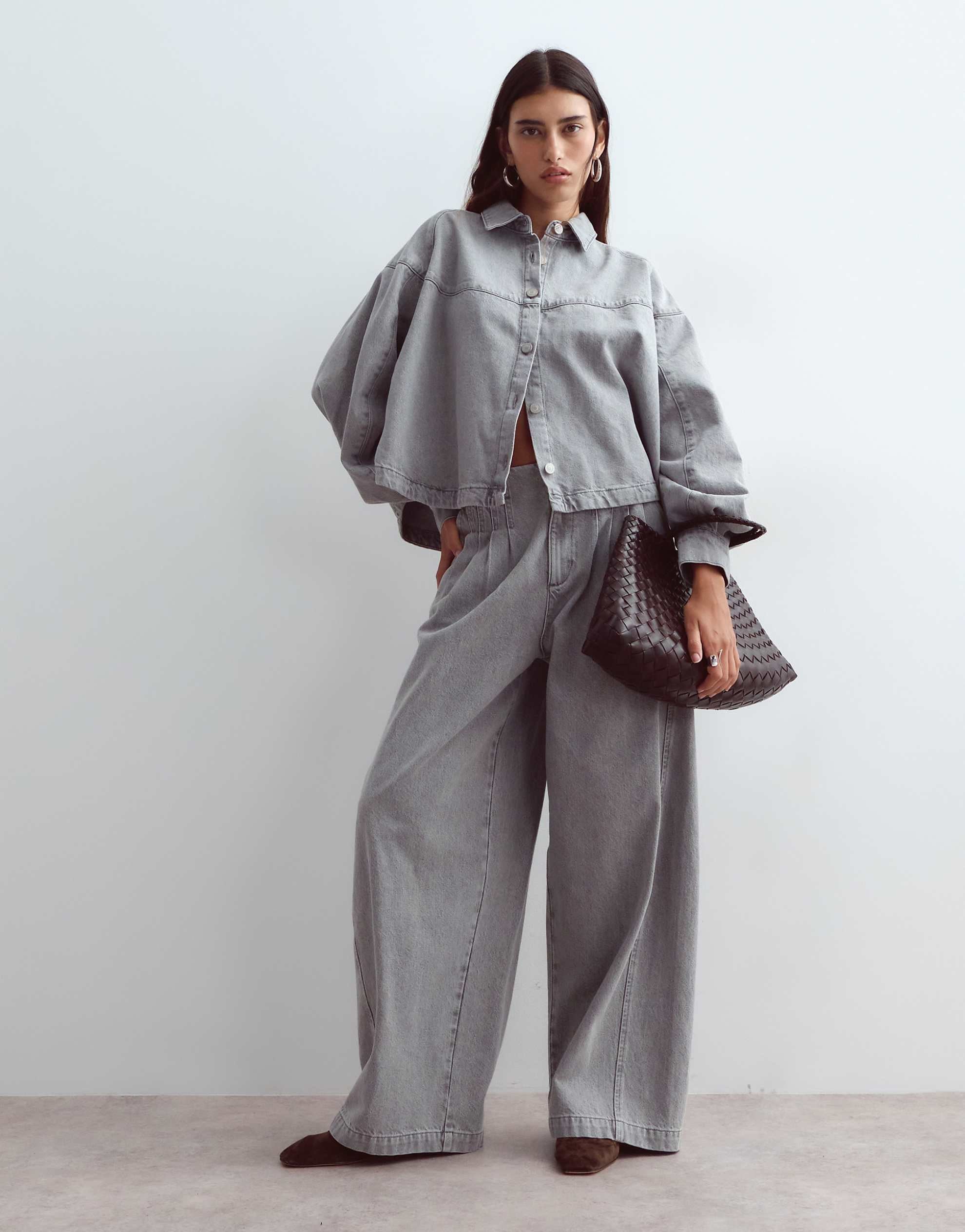 ARRANGE denim oversized shirt wide leg jean co-ord grey wash