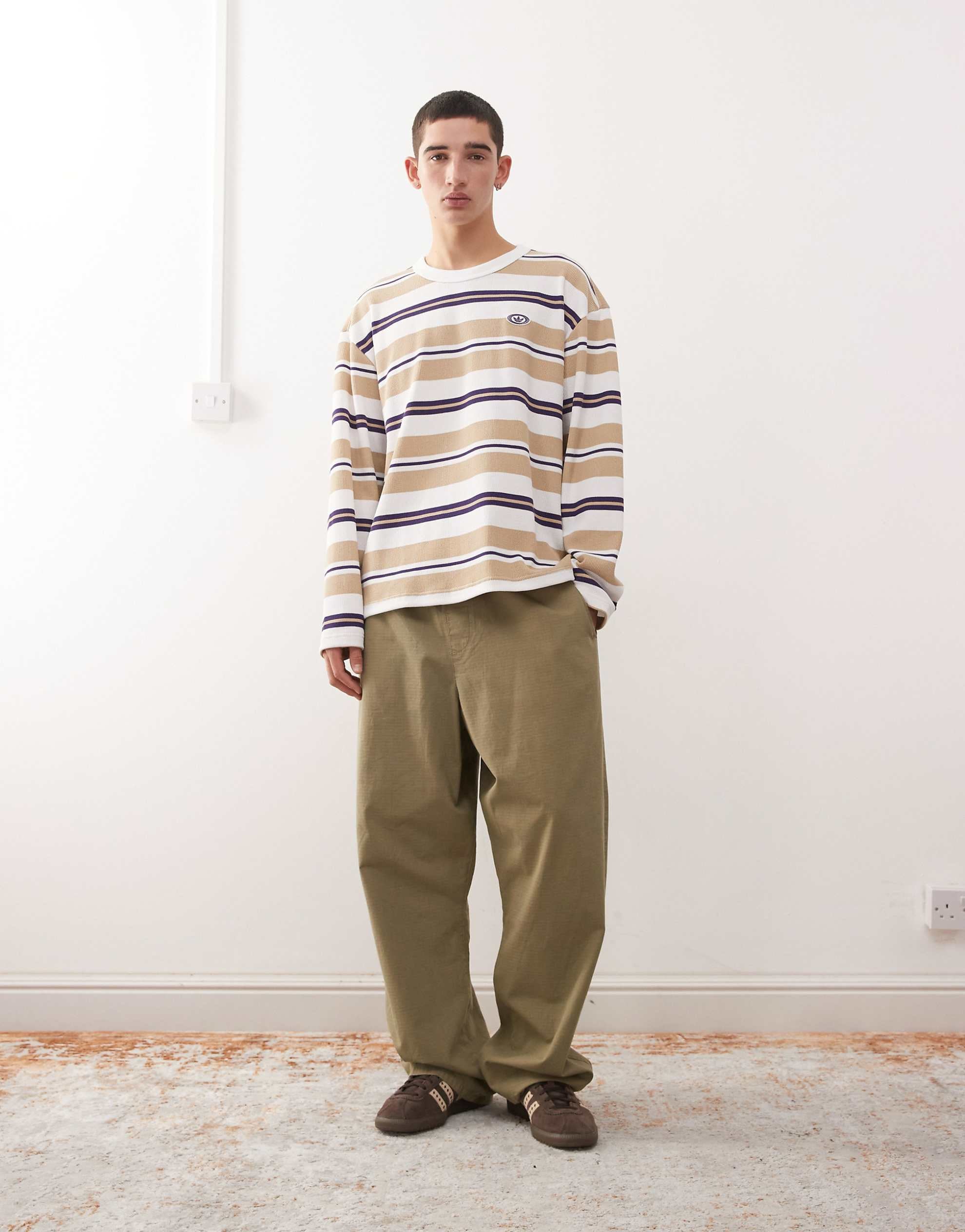 adidas Originals stripe long sleeve tshirt in beige and white