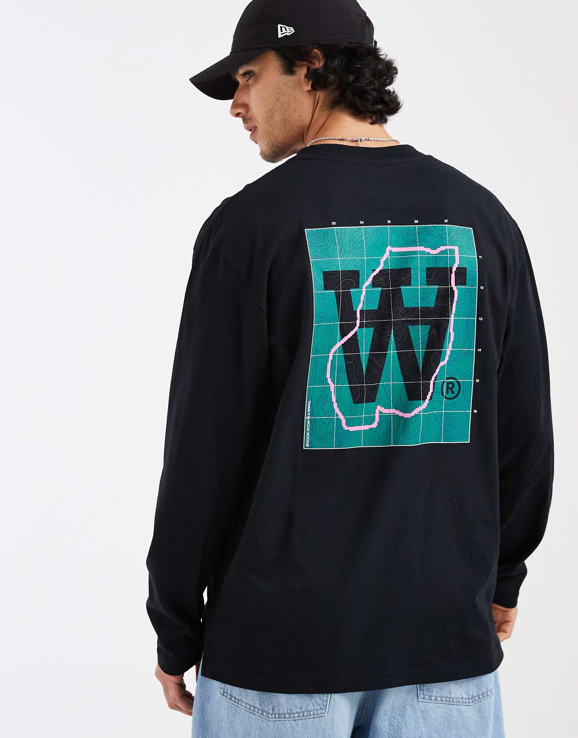 Double A By Wood Wood 100% cotton Liam map graphic long sleeve t-shirt black.