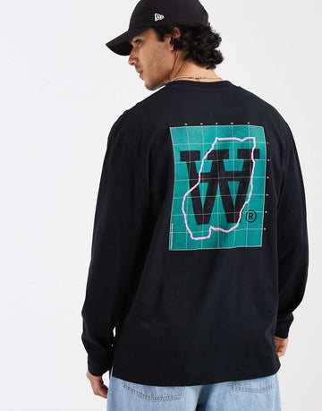 Double A By Wood Wood 100% cotton Liam map graphic long sleeve t-shirt black.