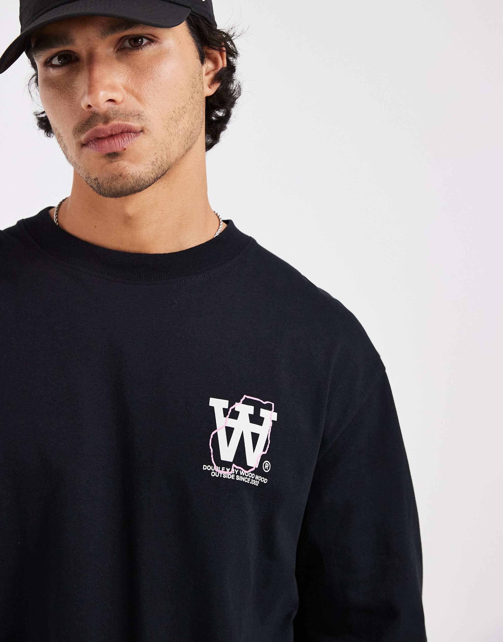 Double A By Wood Wood 100% cotton Liam map graphic long sleeve t-shirt black.