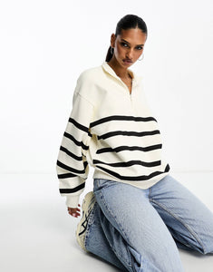 DESIGN half zip striped sweatshirt ecru