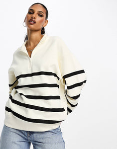 DESIGN half zip striped sweatshirt ecru