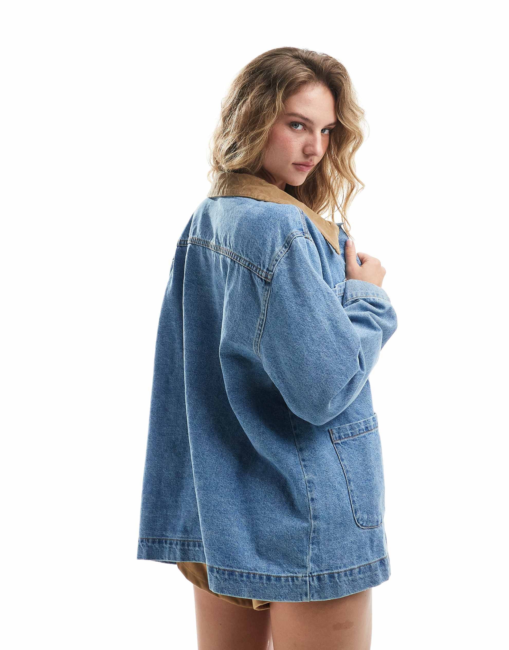 DESIGN denim barn jacket contrast collar midwash blue