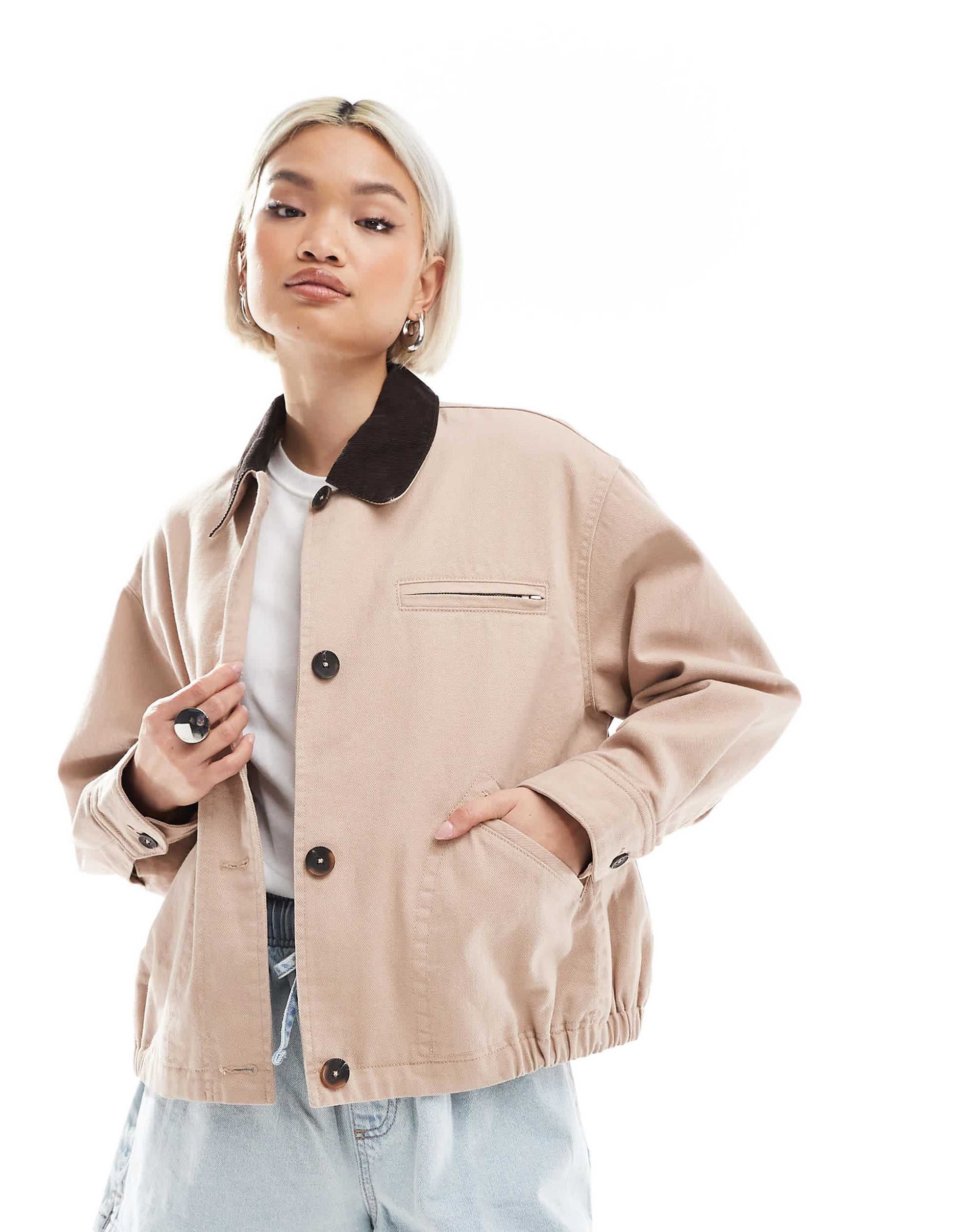 DESIGN bomber barn jacket with chocolate collar dusty pink