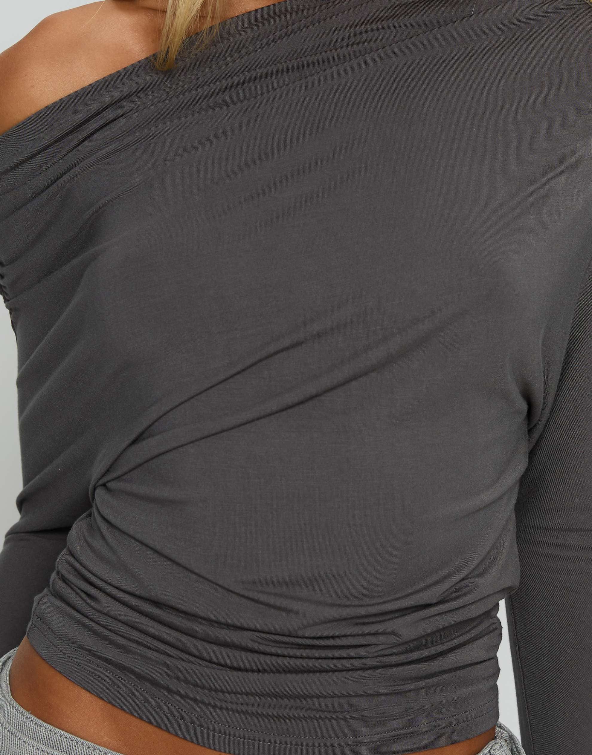 Princess Polly Party Hour off shoulder ruched drape detail batwing top charcoal