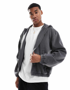 DESIGN wool look bomber jacket hood grey