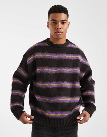 Cotton On box fit fuzzy crew knit black stripe