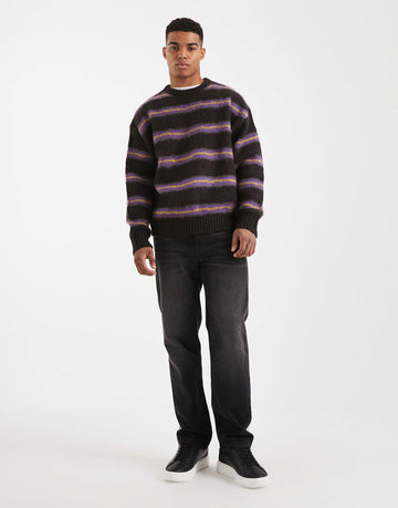 Cotton On box fit fuzzy crew knit black stripe