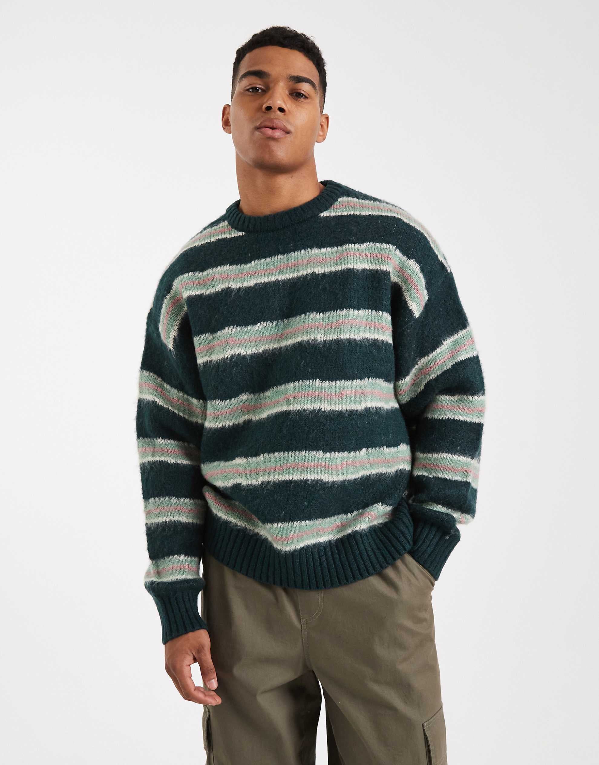 Cotton On box fit fuzzy crew knit green stripe