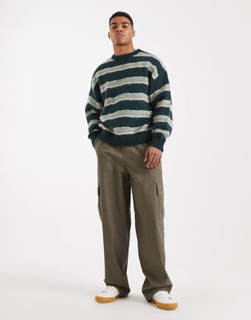 Cotton On box fit fuzzy crew knit green stripe