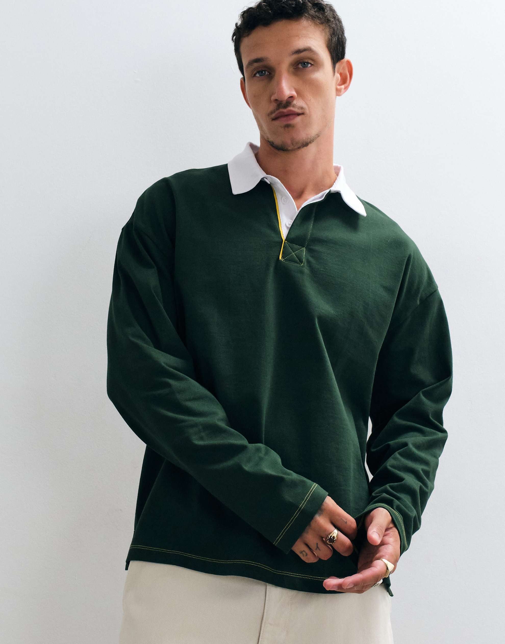 DESIGN heavyweight boxy oversized long sleeve rugby polo dark green