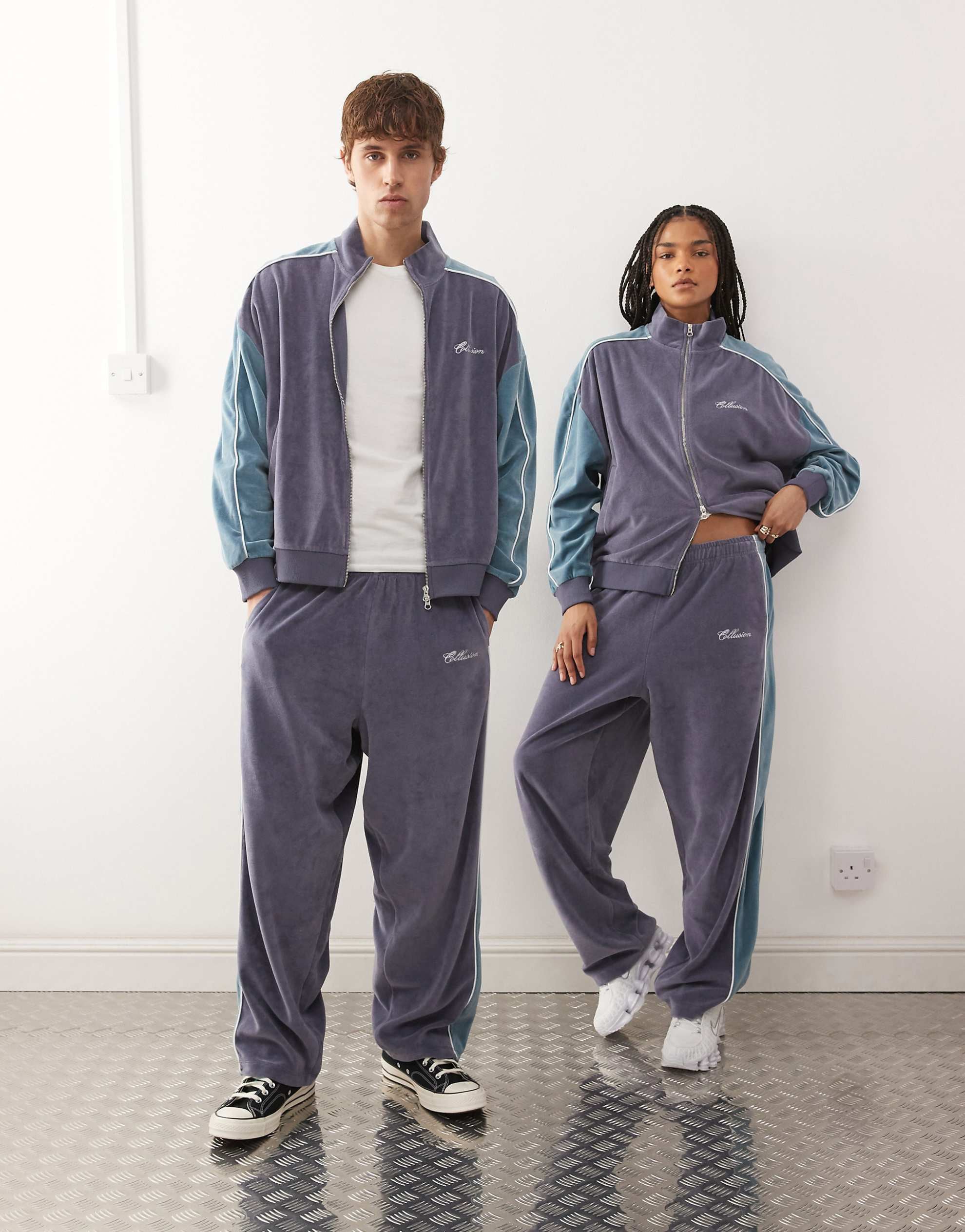 COLLUSION Unisex velour track co-ord purple blue