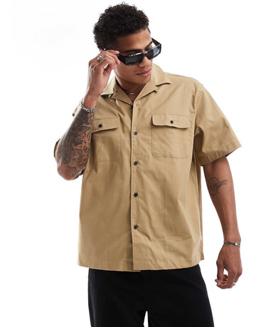 Selected Homme boxy oversized revere collar shirt double pockets beige
