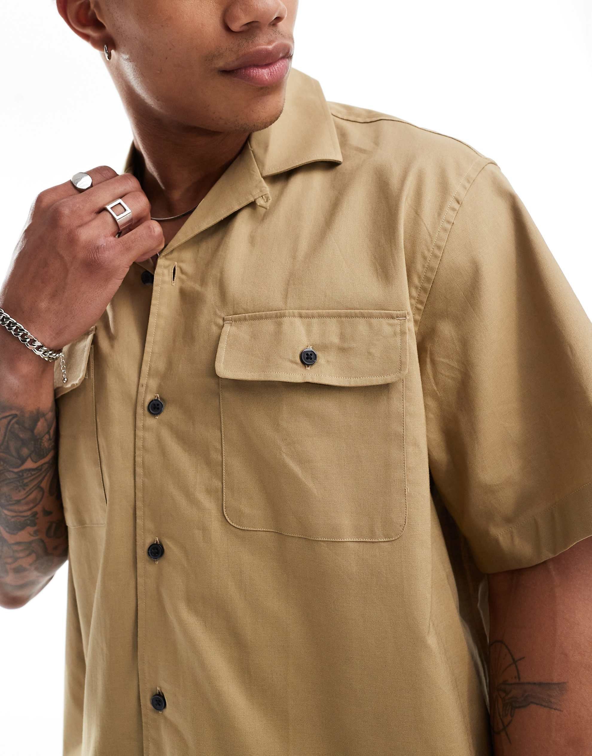 Selected Homme boxy oversized revere collar shirt double pockets beige