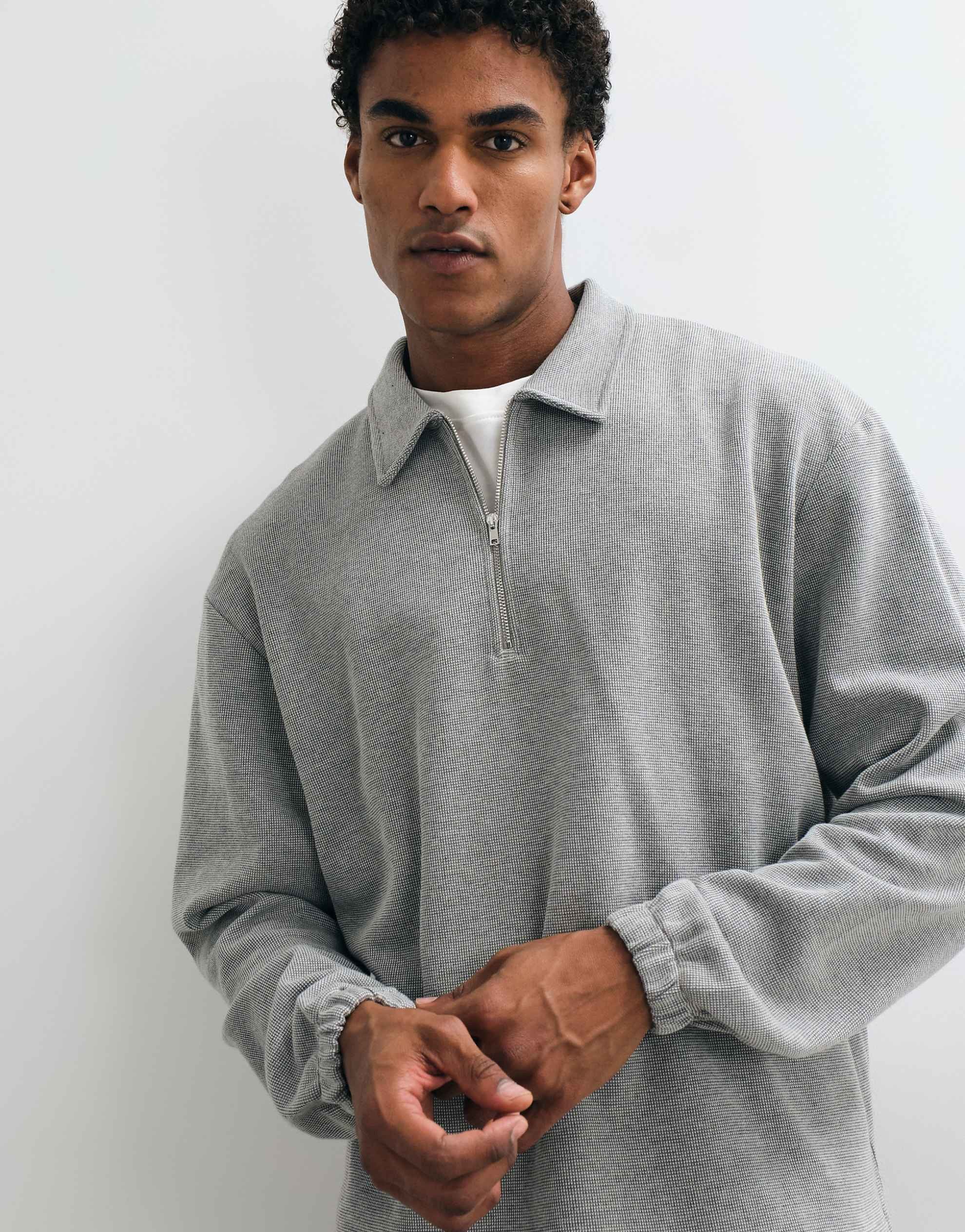 DESIGN relaxed pique quarter zip sweatshirt grey