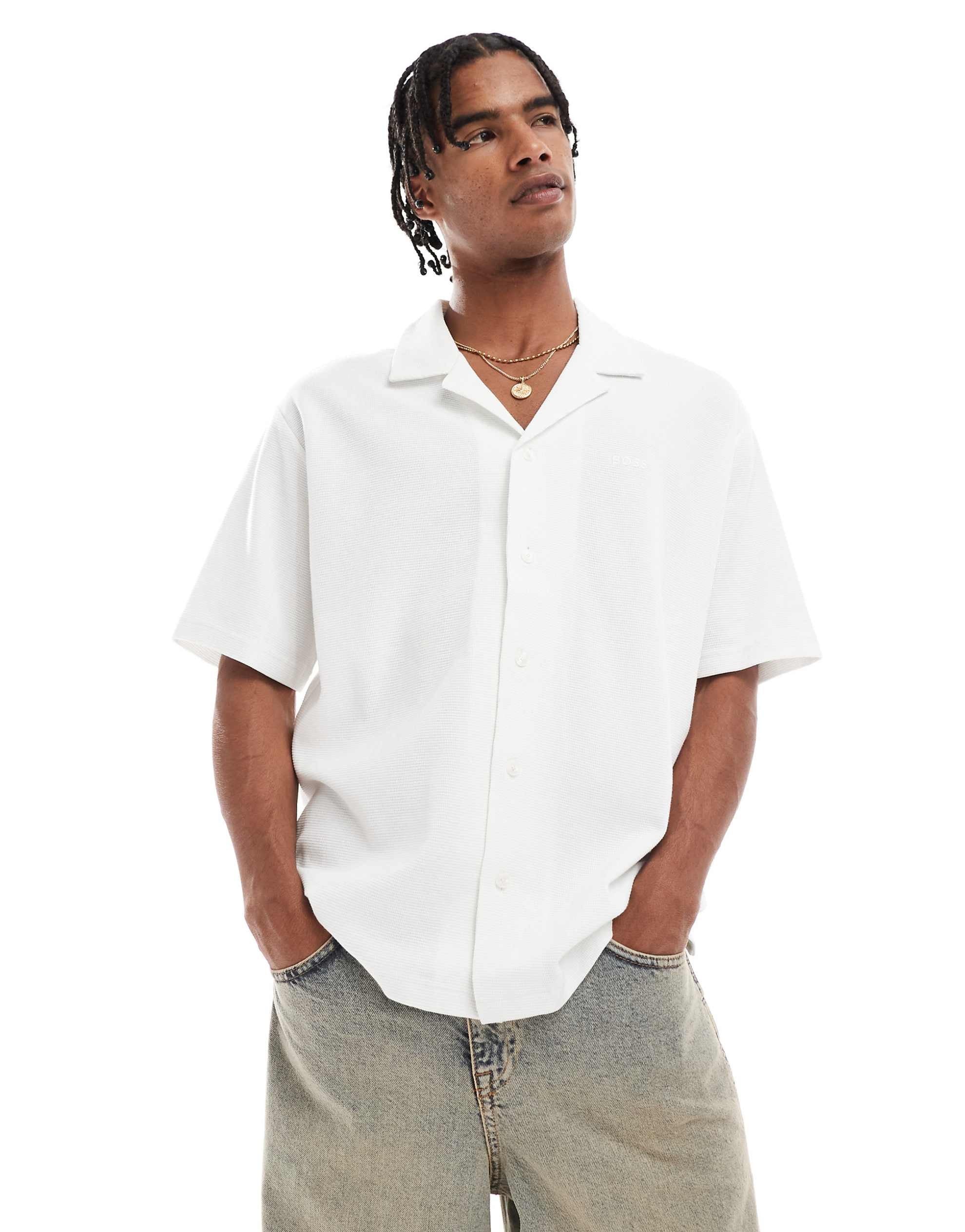 BOSS Orange waffle short sleeve shirt relaxed fit stone