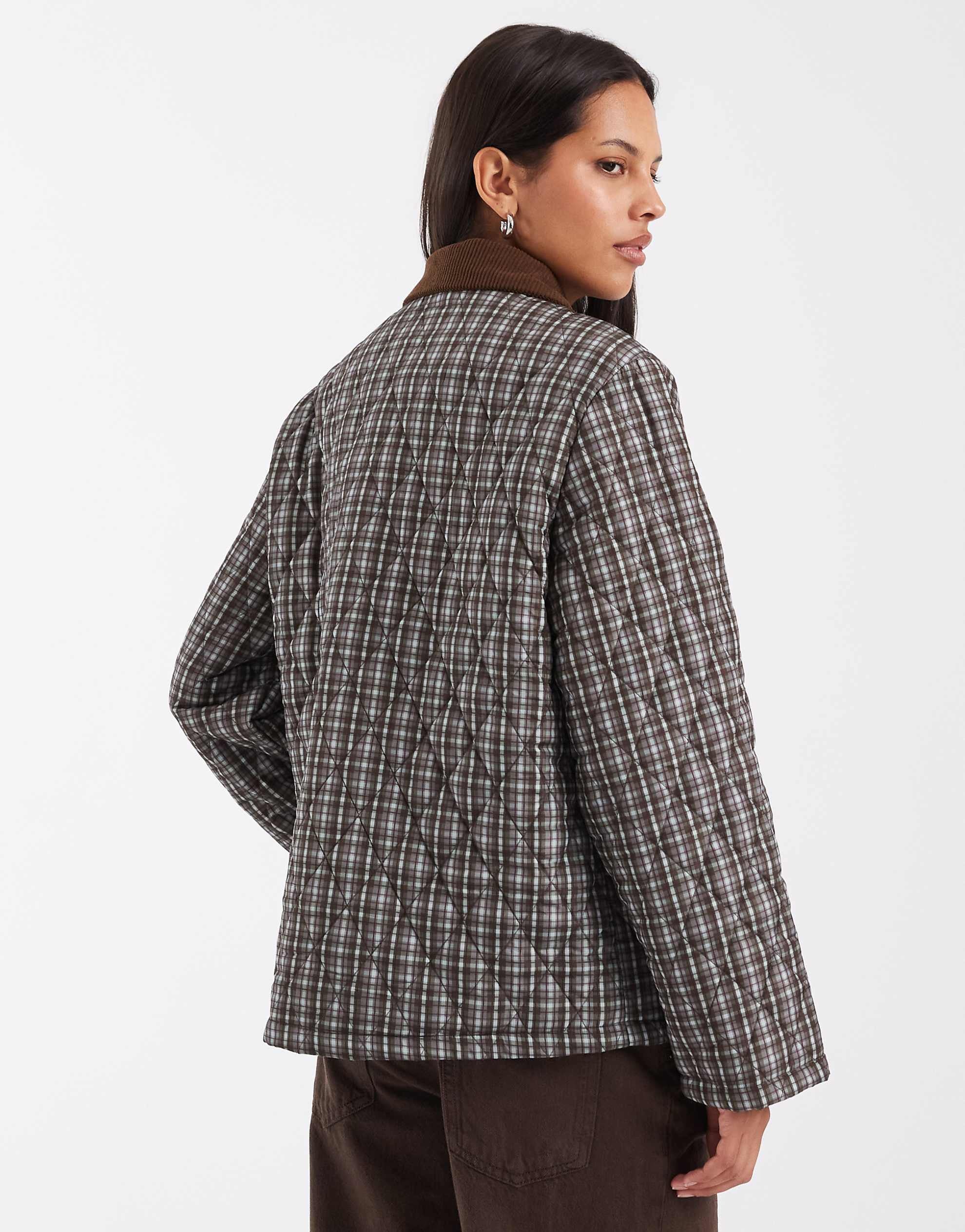 Pieces quilted short jacket with cord collar green burgundy check