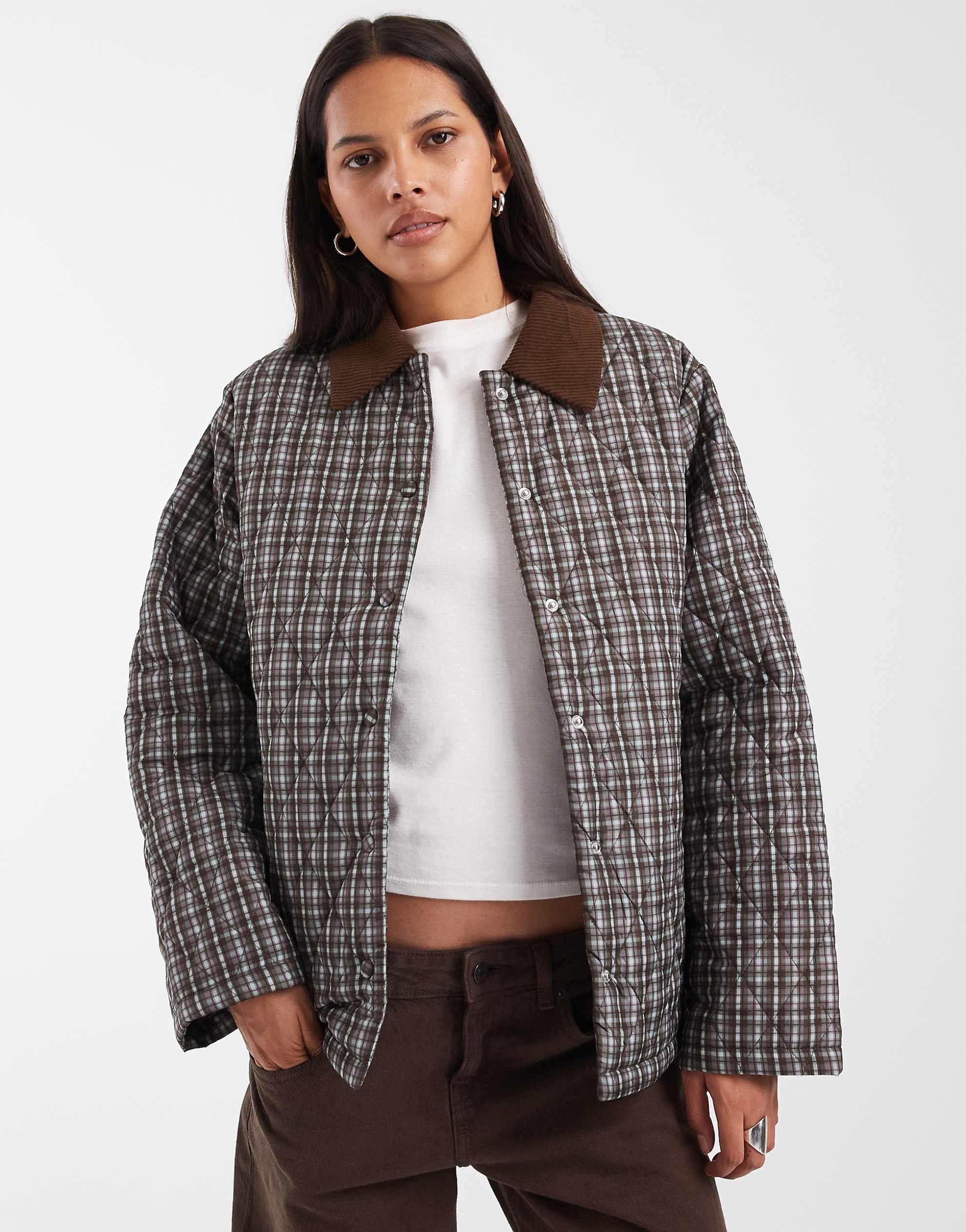 Pieces quilted short jacket with cord collar green burgundy check