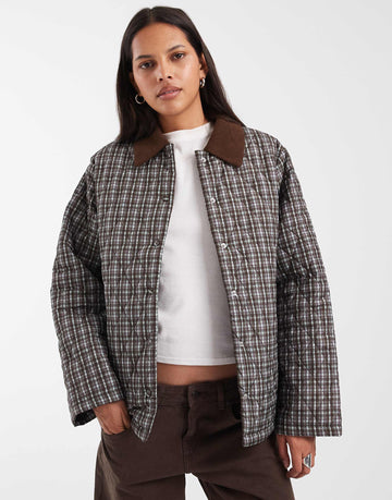 Pieces quilted short jacket with cord collar green burgundy check
