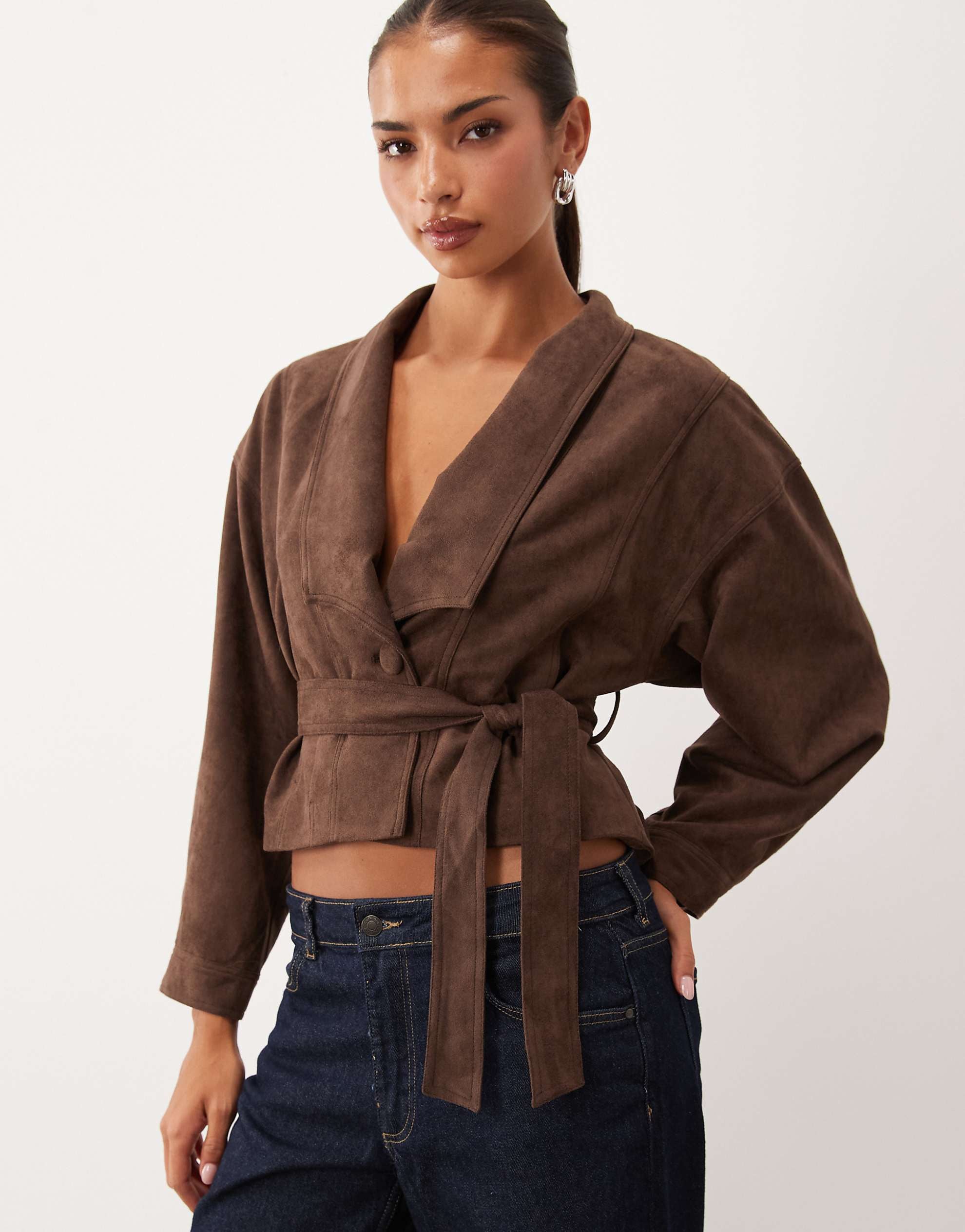 Lioness Ritz faux suede collar detail belted jacket chocolate