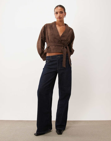 Lioness Ritz faux suede collar detail belted jacket chocolate