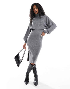 Pieces knitted midi dress roll neck jumper co-ord silver glitter