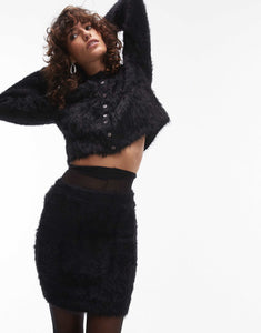 Knitted fluffy micro cardi skirt co-ord