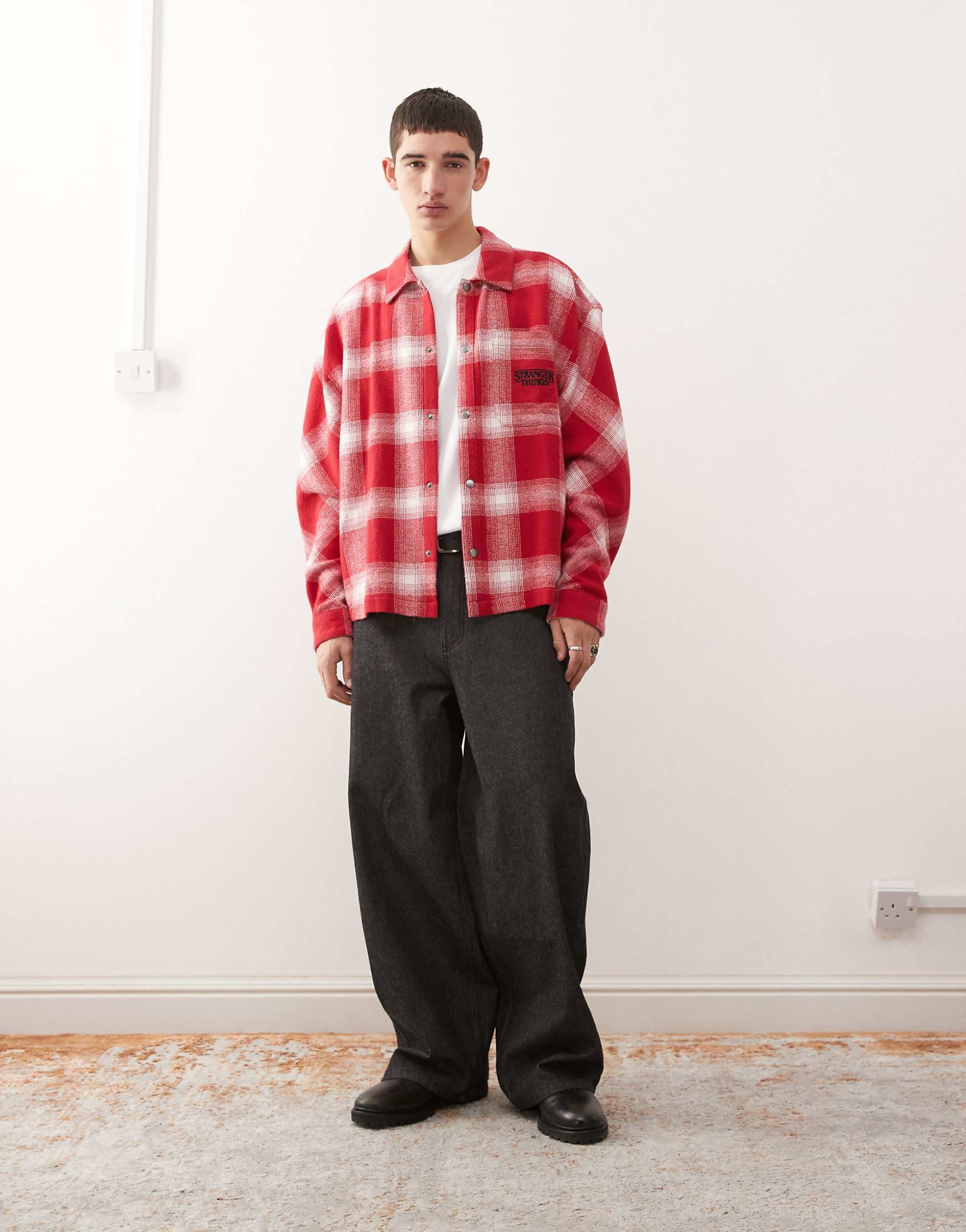 Reclaimed Vintage x Stranger Things brushed flannel shirt boucle badges red white